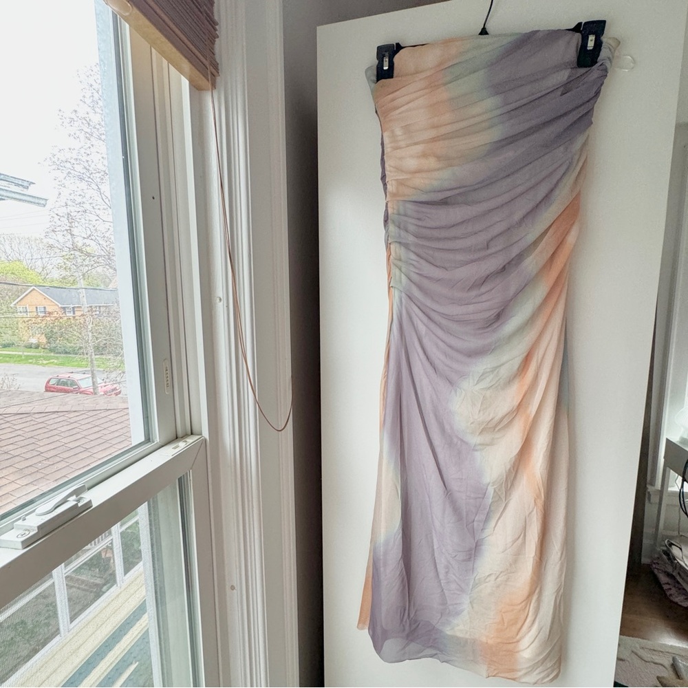 NEW | ZARA STRAPLESS MESH CORSET RUCHED MARBLED TIE DYE PASTEL BOHO MIDI DRESS - Picture 5 of 10